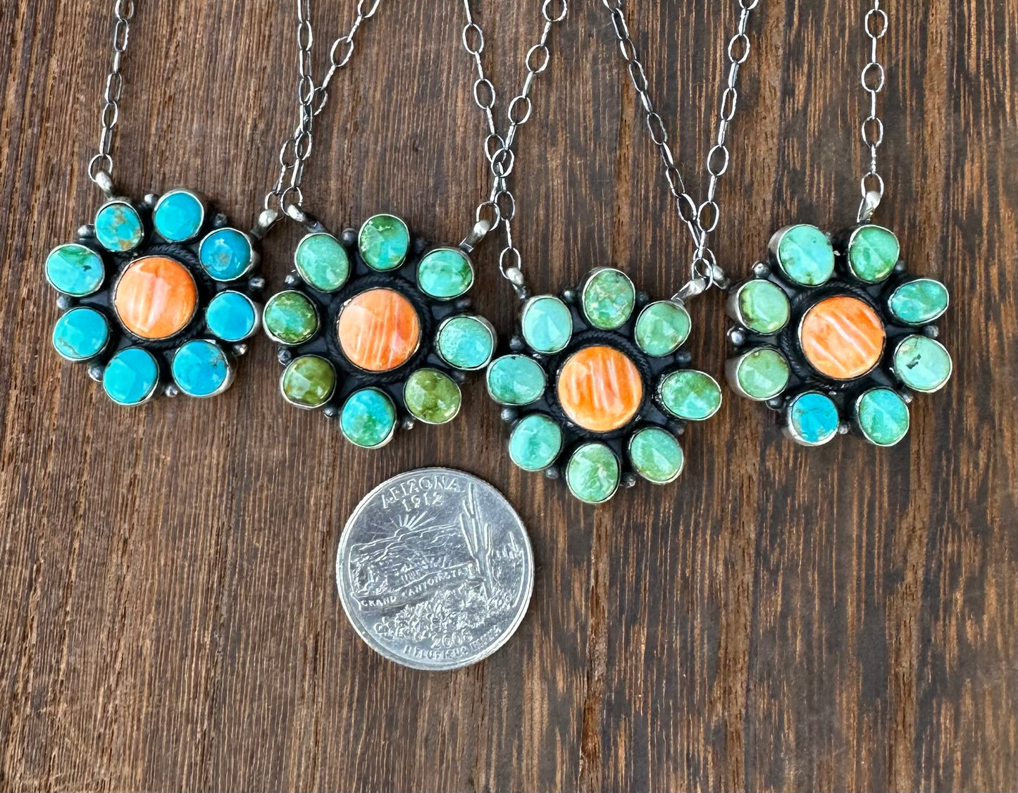 18” SONORAN GOLD TURQUOISE AND ORANGE SPINY OYSTER CLUSTER NECKLACE