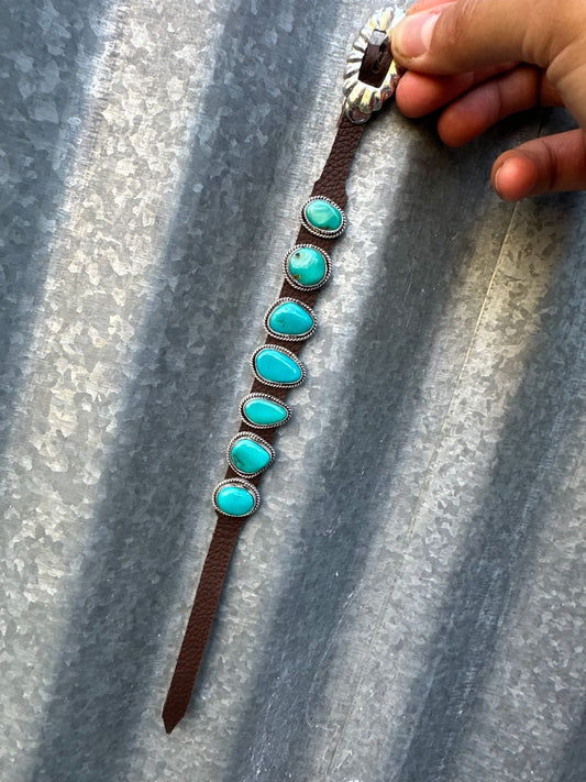 KINGMAN TURQUOISE 7 STONE LEATHER BRACELET