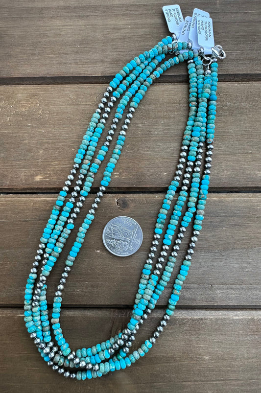 18” 4MM STERLING SILVER PEARL AND KINGMAN TURQUOISE BEAD NECKLACES