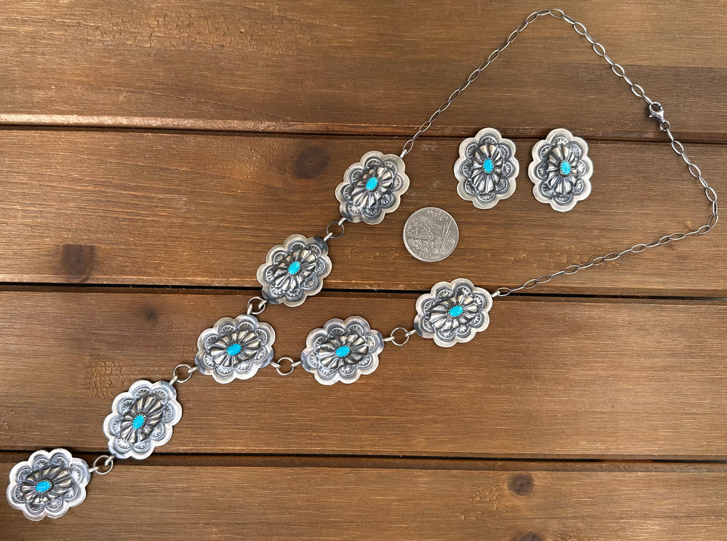 KINGMAN TURQUOISE CONCHO LARIAT NECKLACE SET