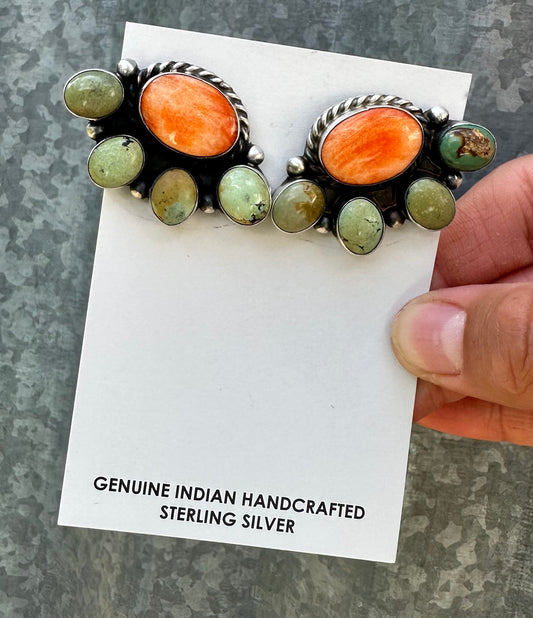 ORANGE SPINY OYSTER & ROYSTON TURQUOISE HALF CLUSTER STUDS