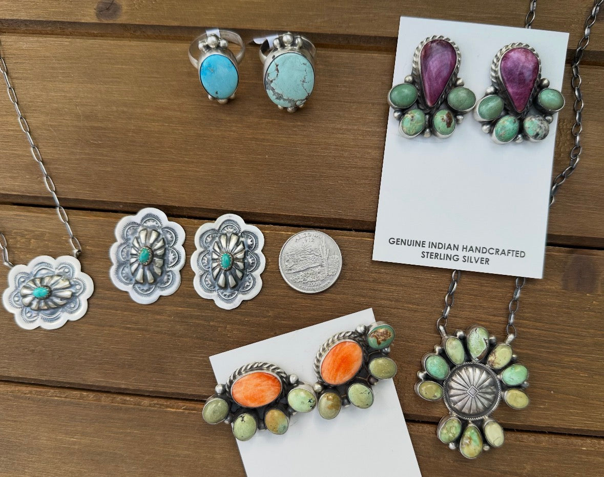PURPLE SPINY OYSTER & ROYSTON TURQUOISE HALF CLUSTER STUDS