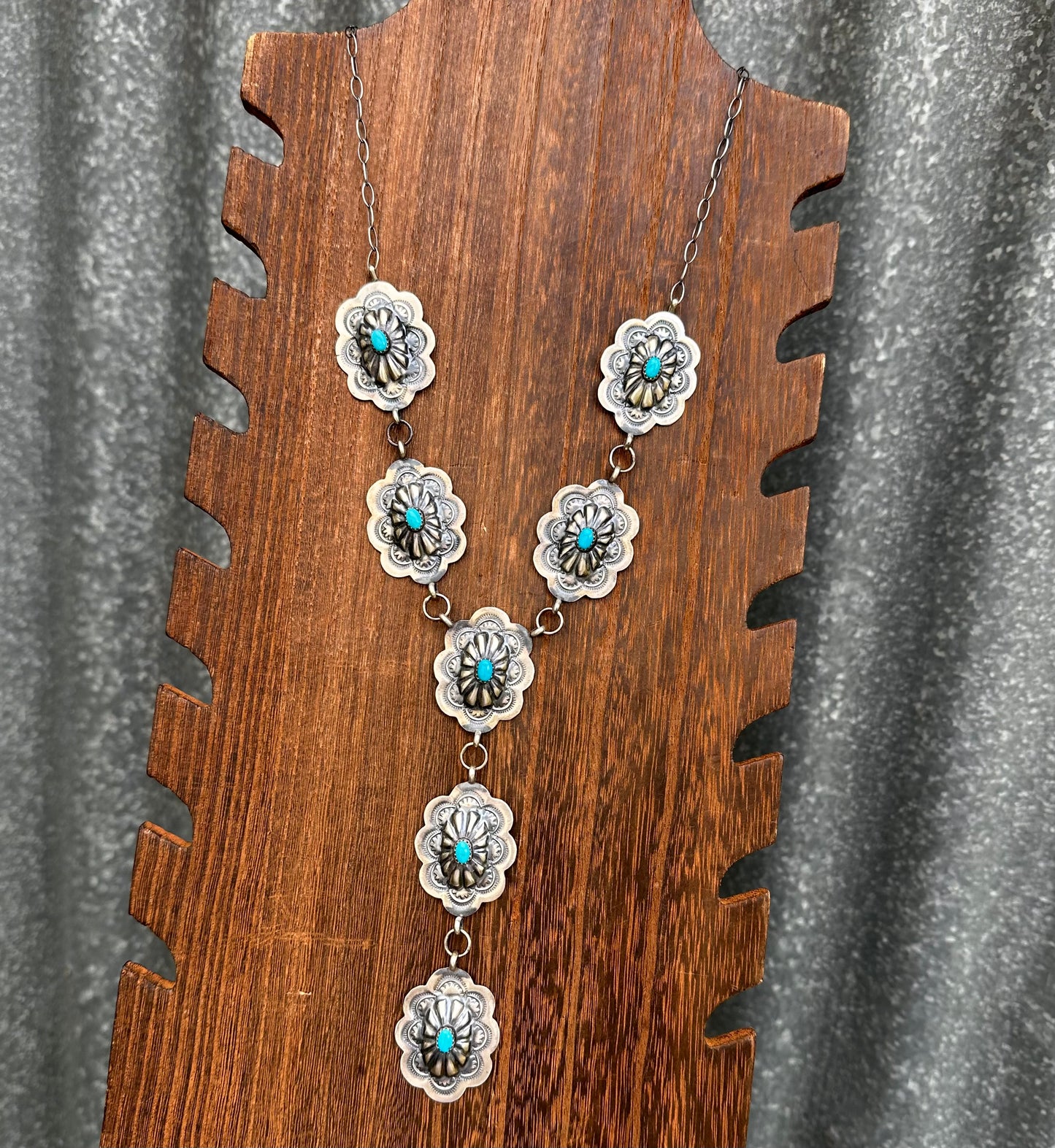 KINGMAN TURQUOISE CONCHO LARIAT NECKLACE SET