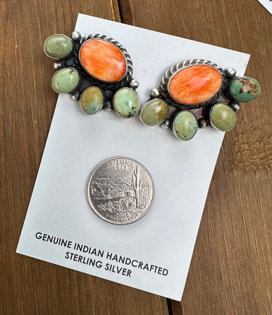 ORANGE SPINY OYSTER & ROYSTON TURQUOISE HALF CLUSTER STUDS