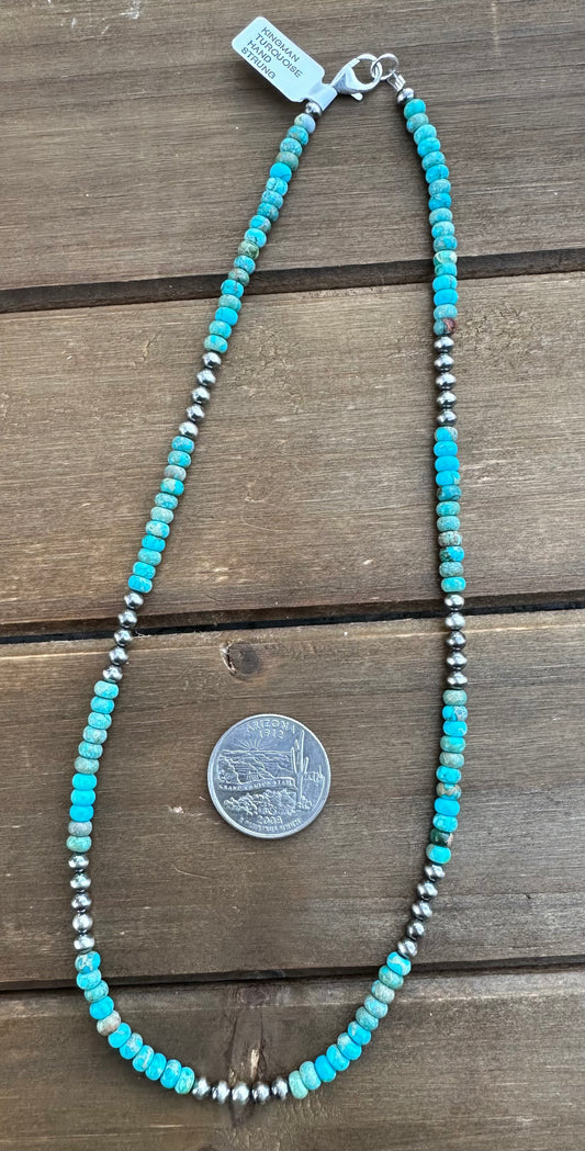 18” 4MM STERLING SILVER PEARL AND KINGMAN TURQUOISE BEAD NECKLACES