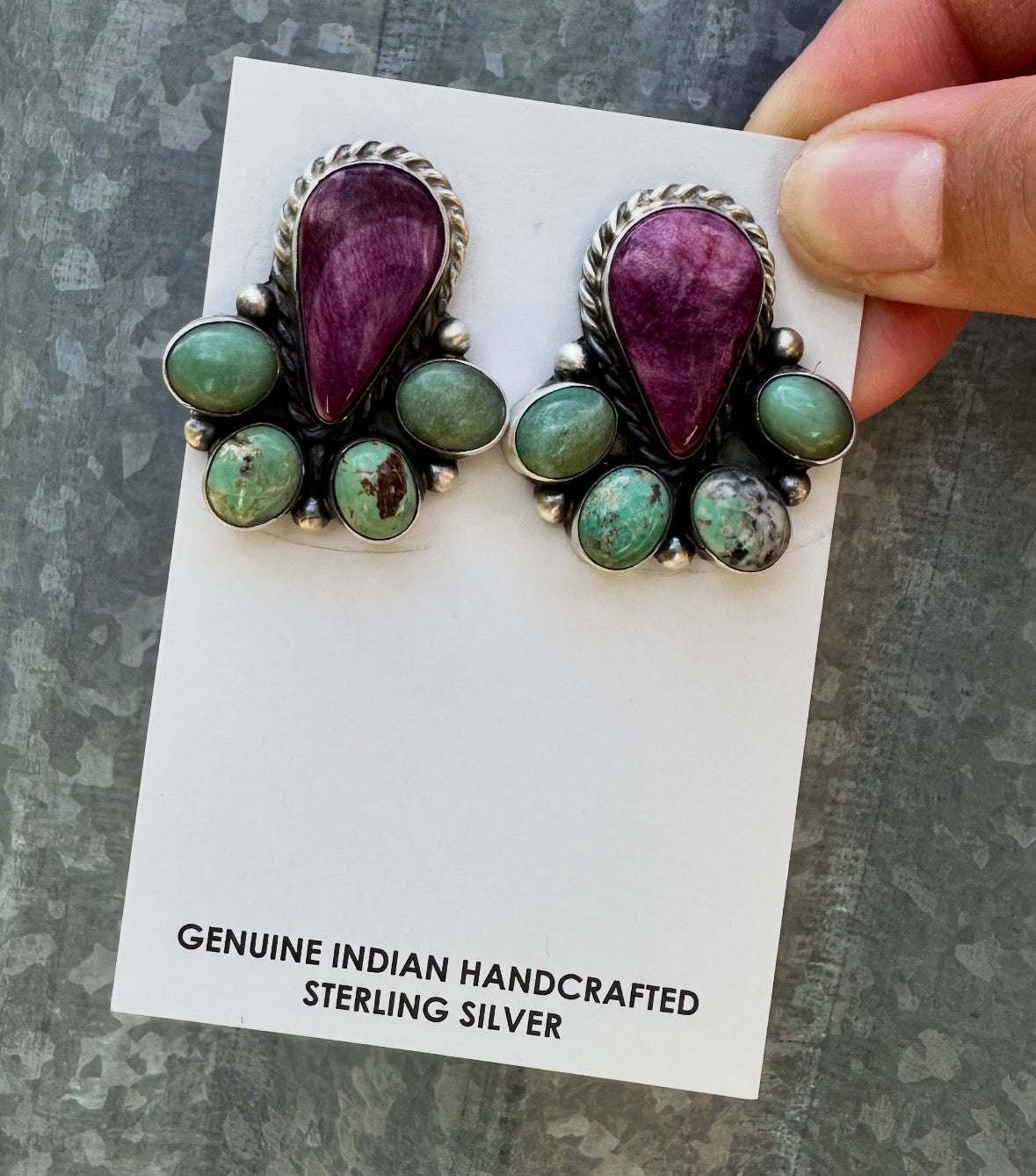 PURPLE SPINY OYSTER & ROYSTON TURQUOISE HALF CLUSTER STUDS