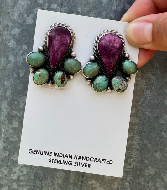 PURPLE SPINY OYSTER & ROYSTON TURQUOISE HALF CLUSTER STUDS