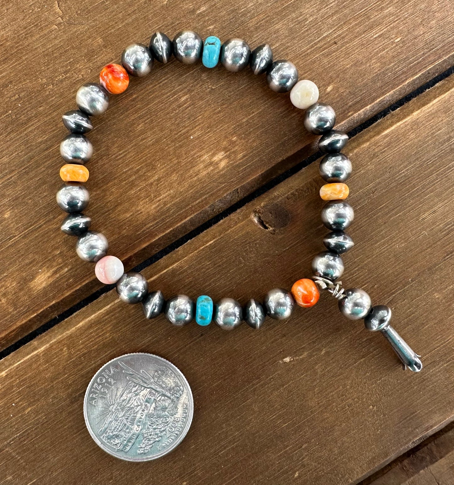 TURQUOISE & ORANGE SPINY OYSTER PEARL STRETCH BRACELET