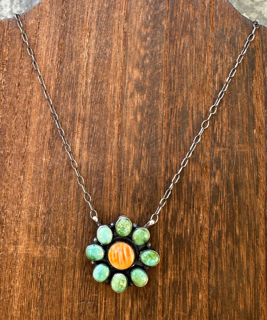 18” SONORAN GOLD TURQUOISE AND ORANGE SPINY OYSTER CLUSTER NECKLACE