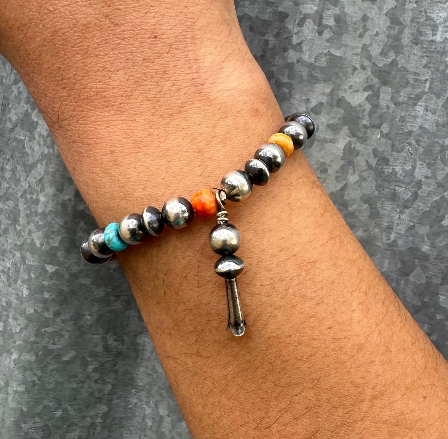 TURQUOISE & ORANGE SPINY OYSTER PEARL STRETCH BRACELET