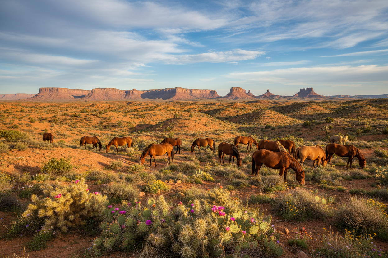 New Mexico landscape with cactus and flowers and horses 